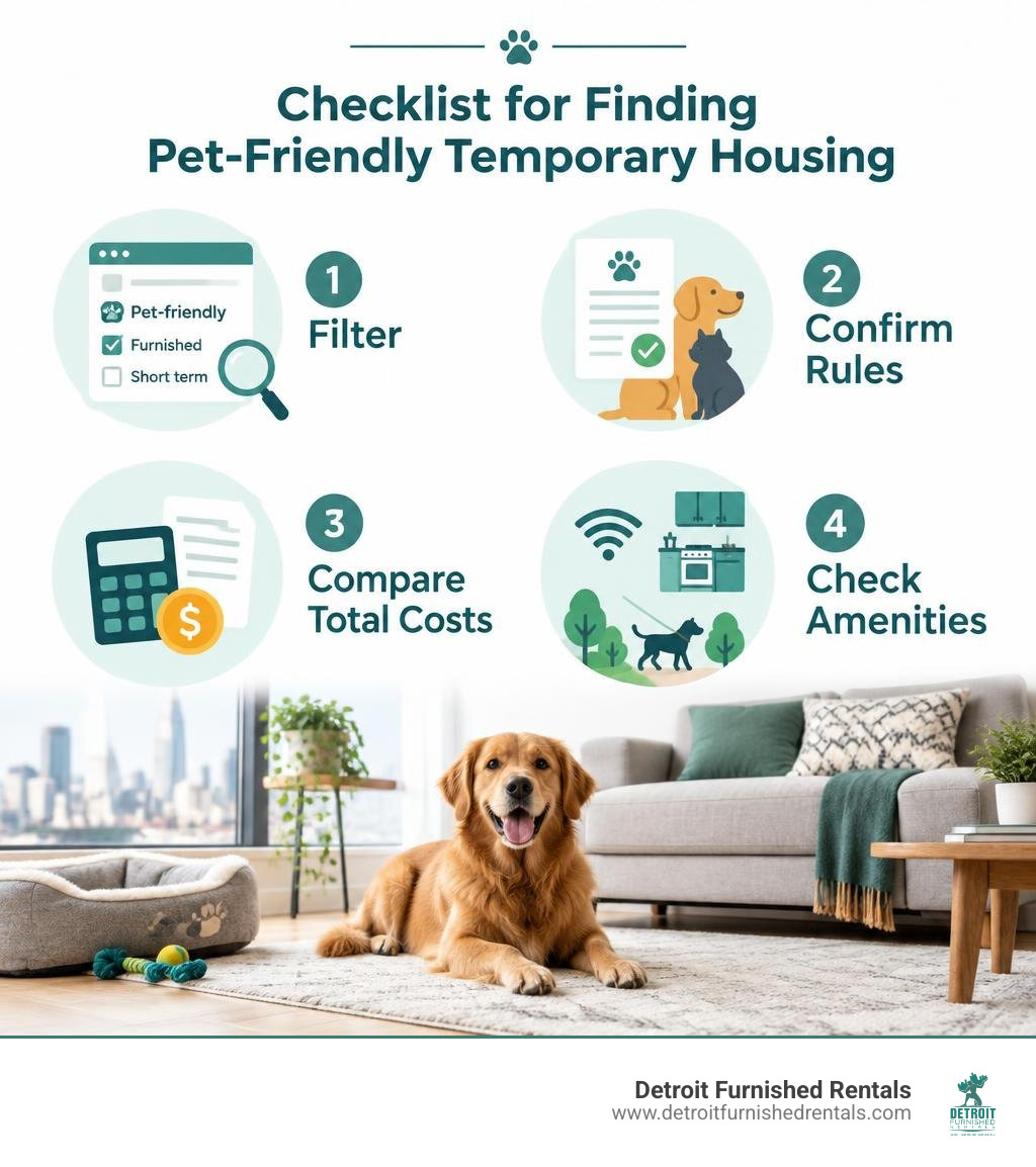 Checklist for finding pet-friendly temporary housing: filter, confirm rules, compare total costs, check amenities infographic