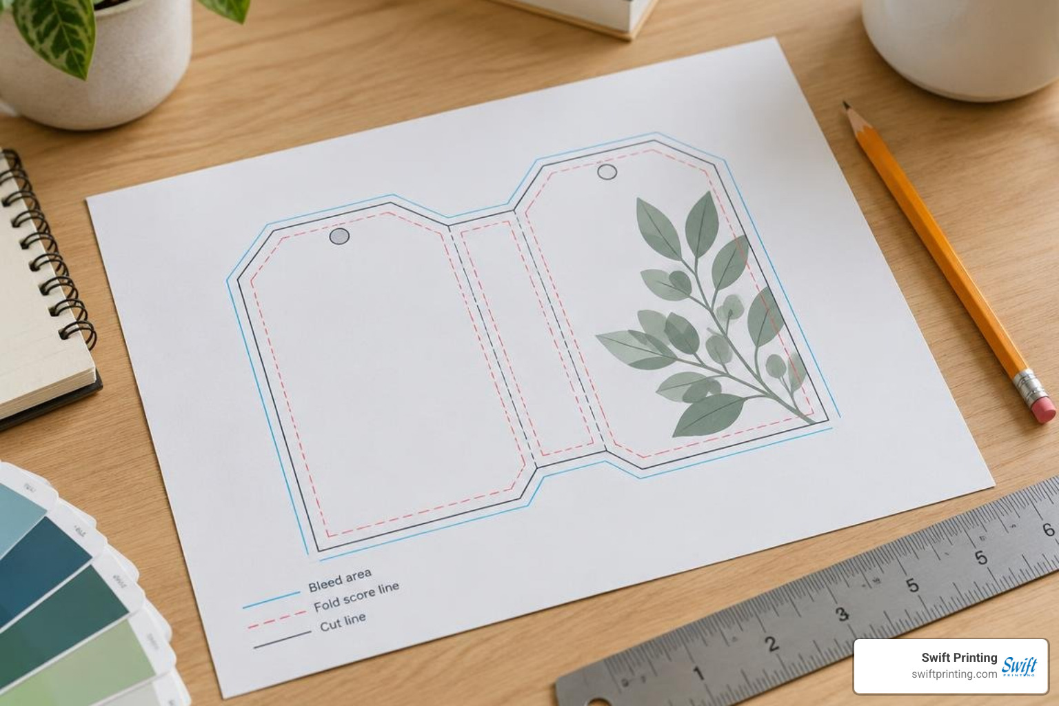 graphic design template showing fold score lines and bleed zones