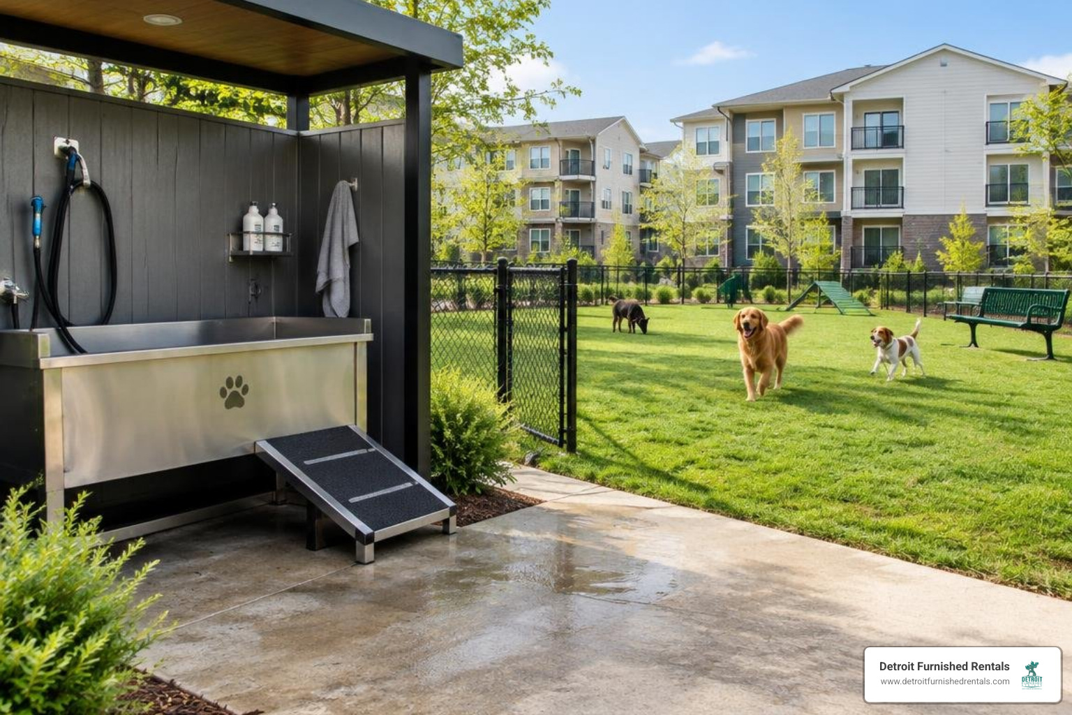 pet washing station and landscaped dog run in an apartment community