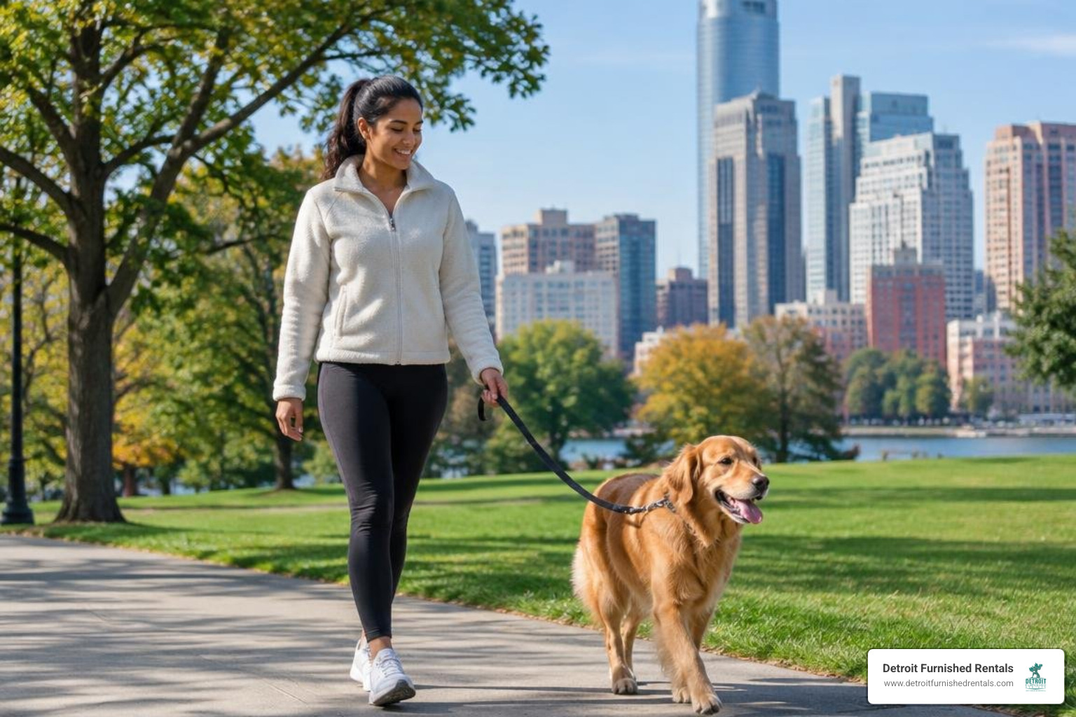 tenant walking a leashed dog near an urban park