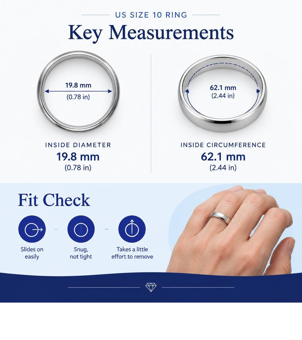 US size 10 ring: 19.8 mm inside diameter, 62.1 mm circumference, and fit check infographic US size 10 ring: 19.8 mm inside diameter, 62.1 mm circumference, and fit check infographic