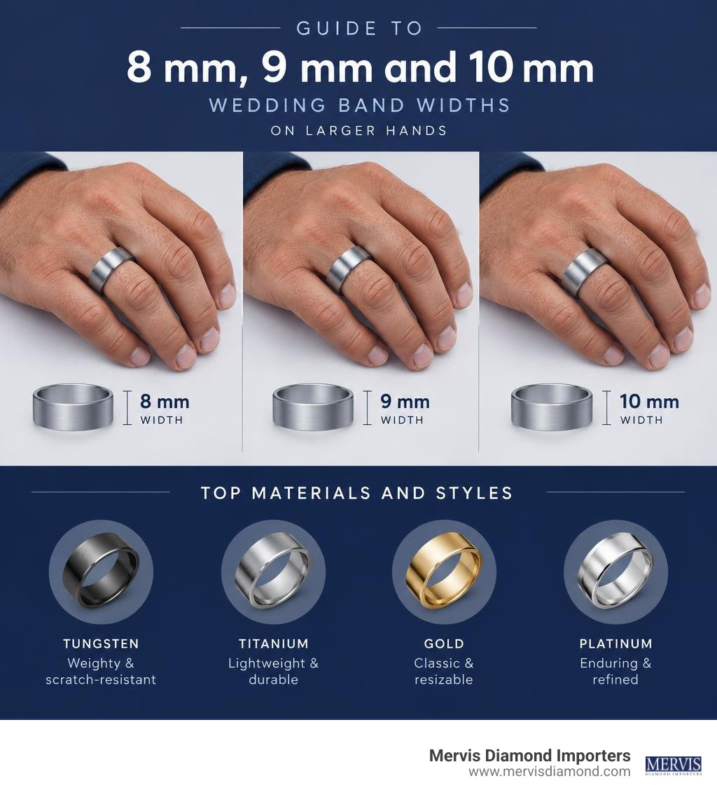 Guide to 8 mm, 9 mm, and 10 mm wedding band widths on larger hands infographic Guide to 8 mm, 9 mm, and 10 mm wedding band widths on larger hands infographic