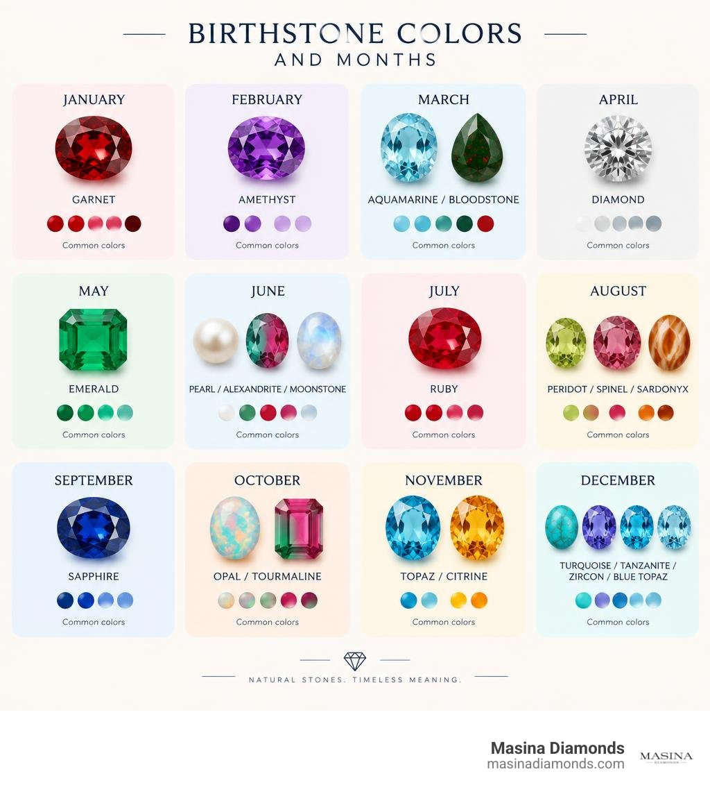 infographic showing all 12 birthstone months with gemstones and their common colors infographic