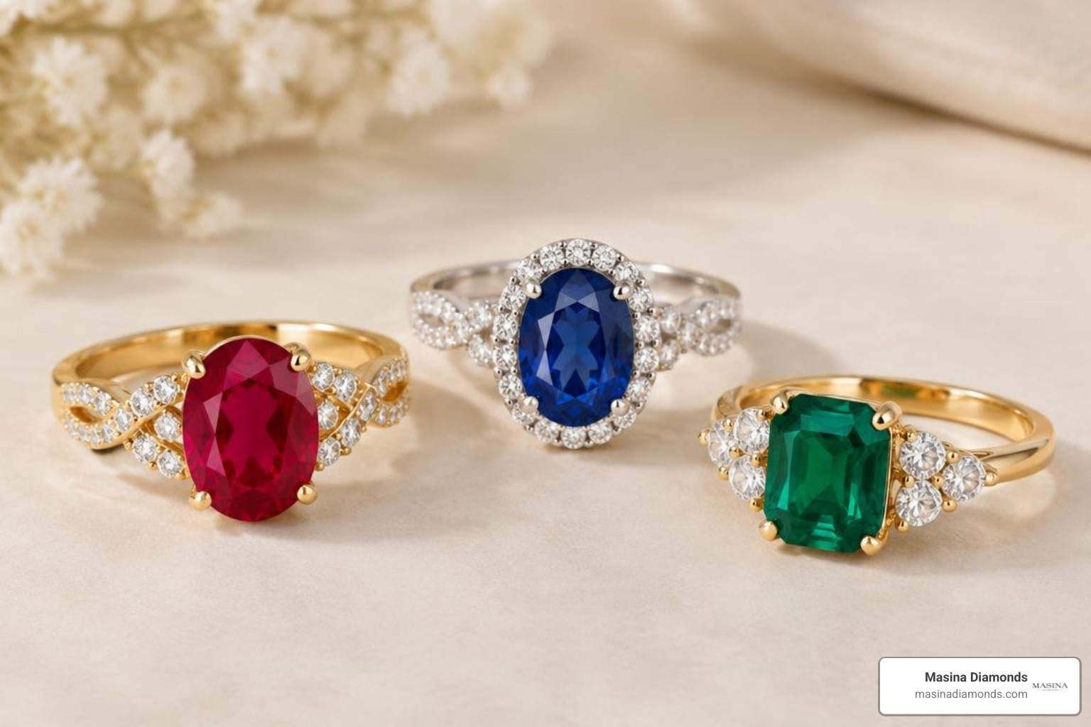 vibrant ruby, sapphire, and emerald gemstones in custom ring settings