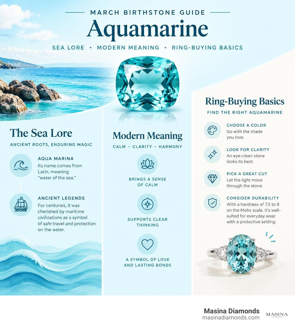 March birthstone guide showing aquamarine's sea lore, modern meaning, and ring-buying basics infographic March birthstone guide showing aquamarine's sea lore, modern meaning, and ring-buying basics infographic