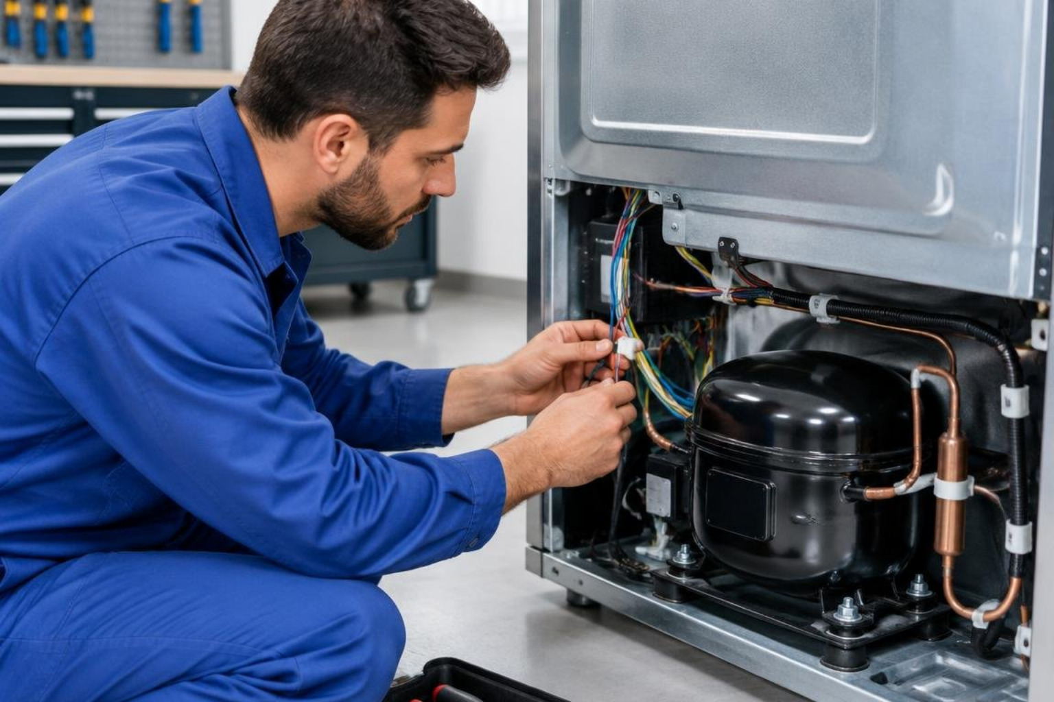 Technician inspecting modern inverter compressor electrical wiring Technician inspecting modern inverter compressor electrical wiring