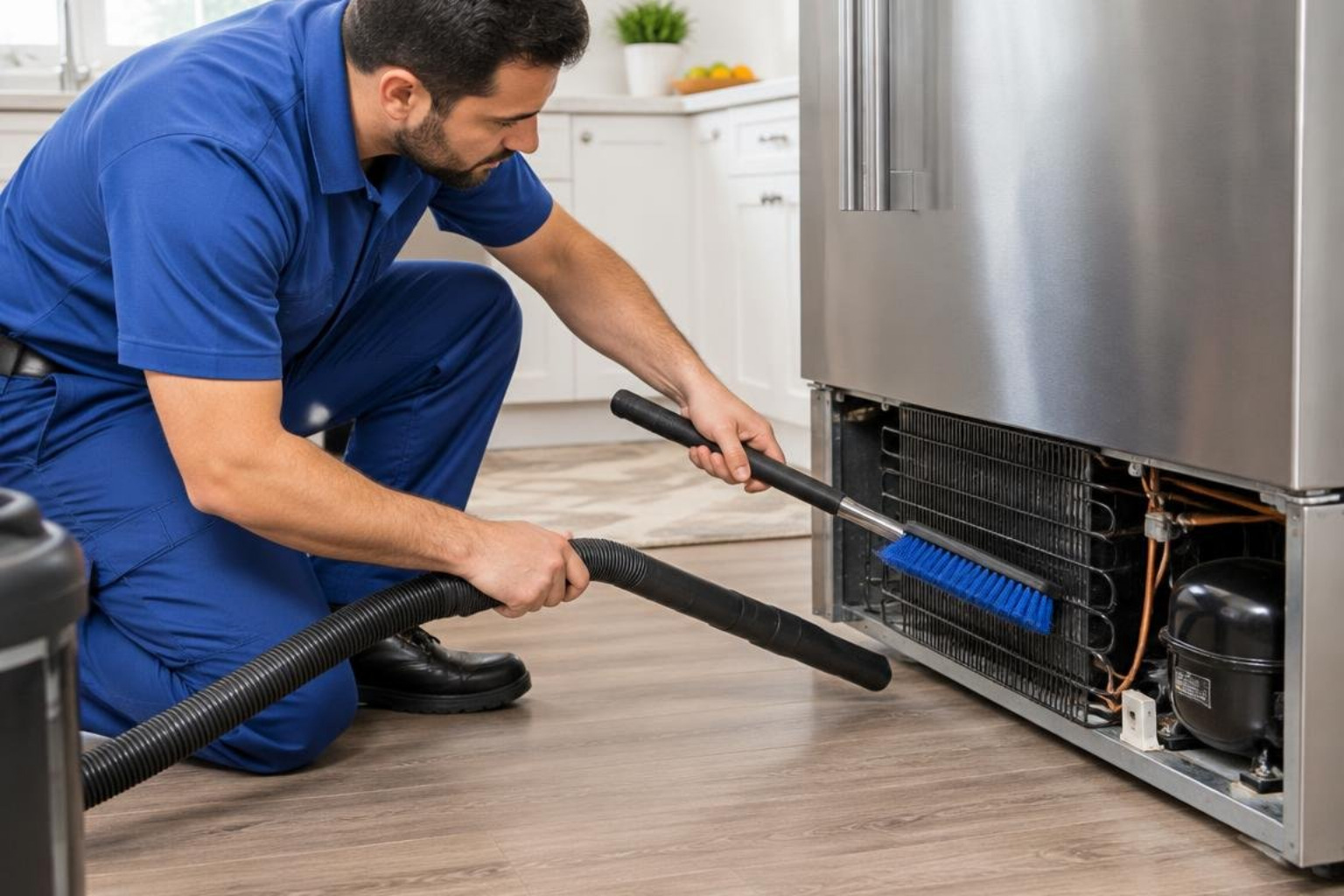 Technician using specialized tools to brush and vacuum condenser coils Technician using specialized tools to brush and vacuum condenser coils