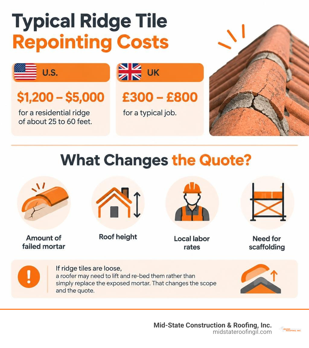 Typical US and UK ridge tile repointing costs and the factors that change a quote infographic Typical US and UK ridge tile repointing costs and the factors that change a quote infographic