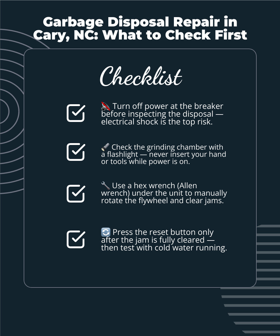 text-free infographic showing safe checks for a humming leaking or unresponsive garbage disposal infographic text-free infographic showing safe checks for a humming leaking or unresponsive garbage disposal infographic