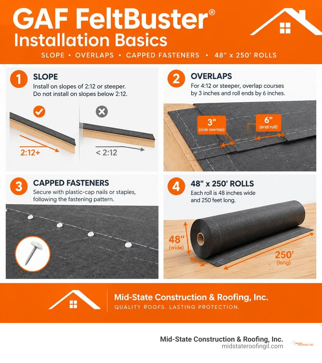 GAF FeltBuster installation basics: slope, overlaps, capped fasteners, and 48-inch by 250-foot rolls infographic GAF FeltBuster installation basics: slope, overlaps, capped fasteners, and 48-inch by 250-foot rolls infographic