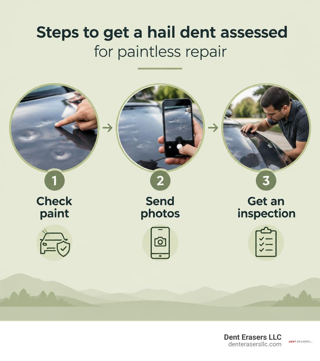 Steps to get a hail dent assessed for paintless repair: check paint, send photos, get an inspection infographic Steps To Get A Hail Dent Assessed For Paintless Repair: Check Paint, Send Photos, Get An Inspection Infographic