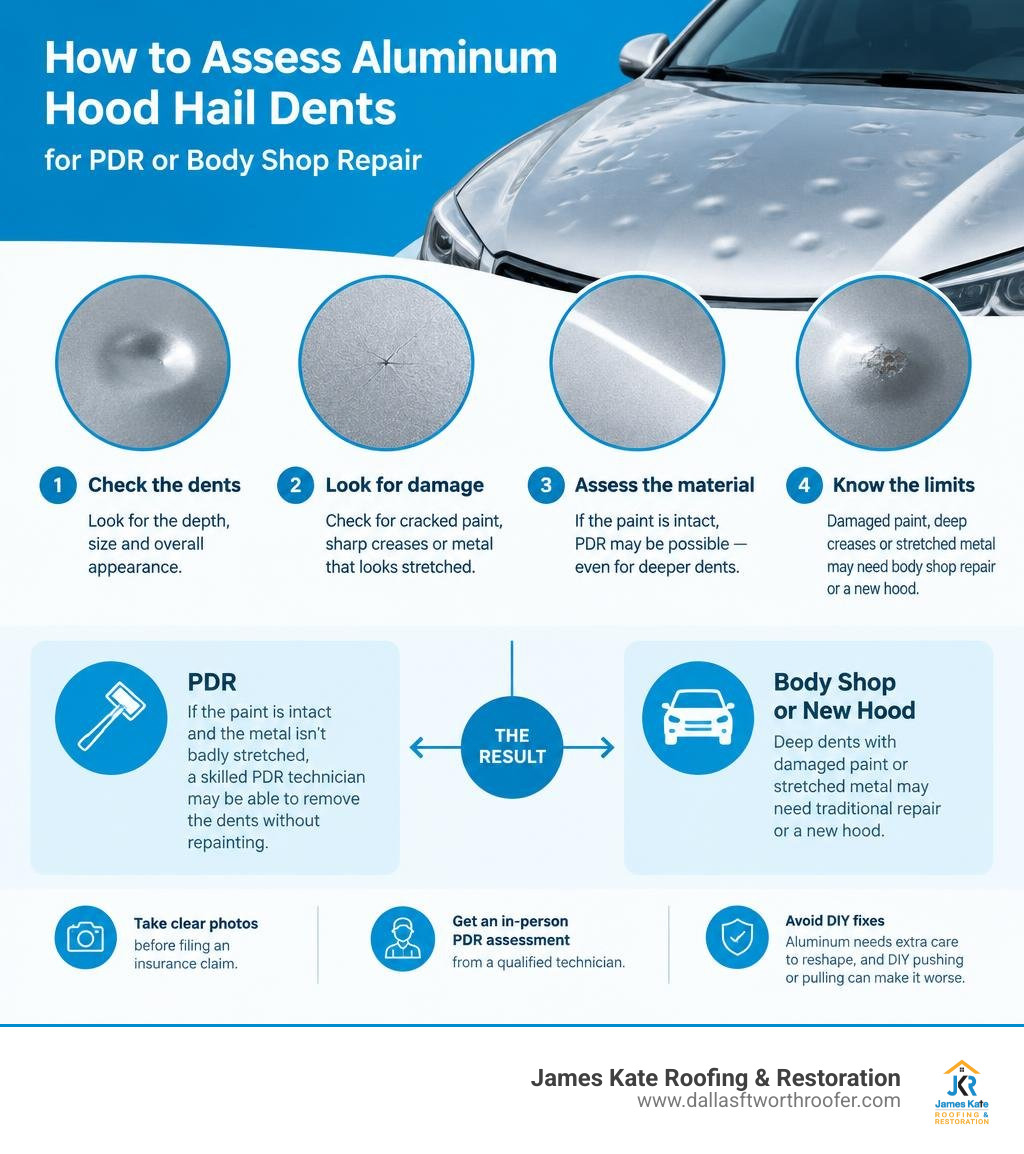 How to assess aluminum hood hail dents for PDR or body shop repair infographic