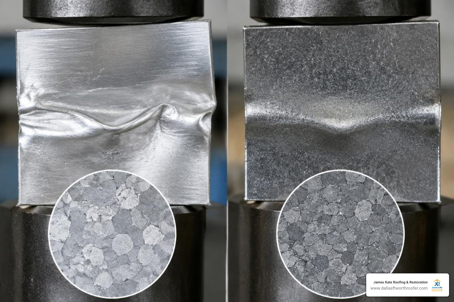 Aluminum grain structure compared to automotive steel under stress Aluminum grain structure compared to automotive steel under stress