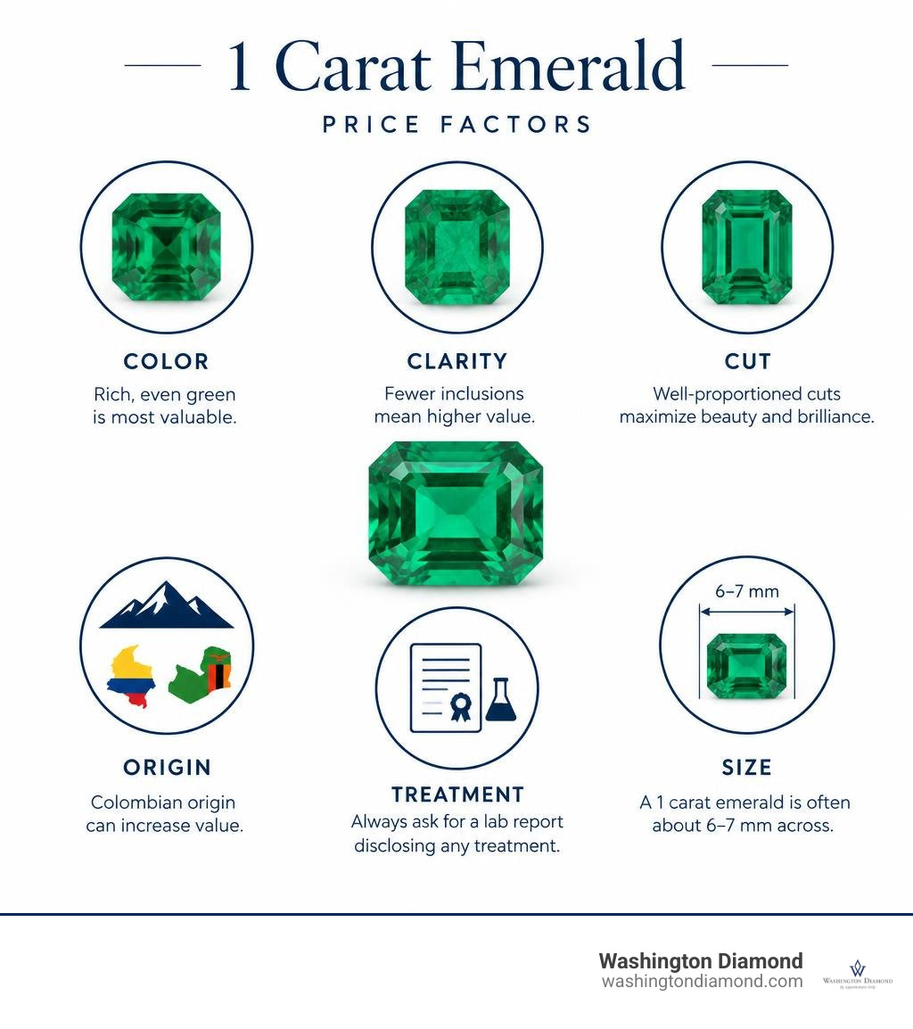 1 carat emerald price factors: color, clarity, cut, origin, treatment, and 6-7 mm size infographic 1 carat emerald price factors: color, clarity, cut, origin, treatment, and 6-7 mm size infographic