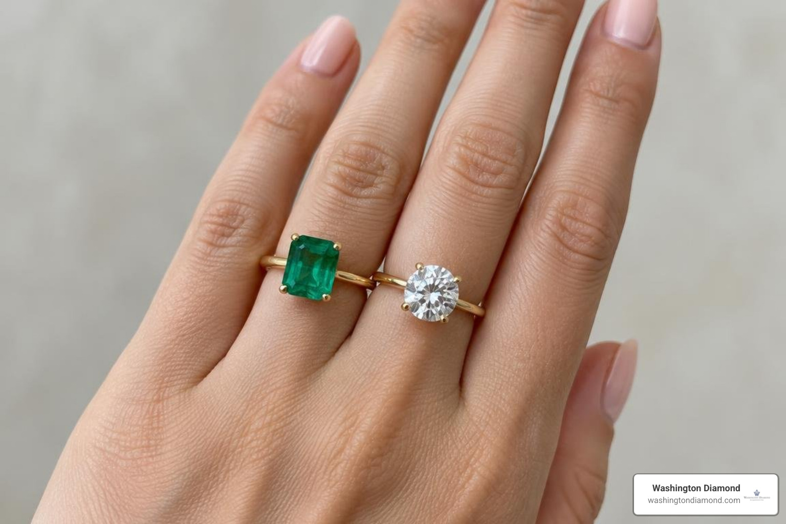 1 carat emerald next to a 1 carat diamond on a hand 1 carat emerald next to a 1 carat diamond on a hand
