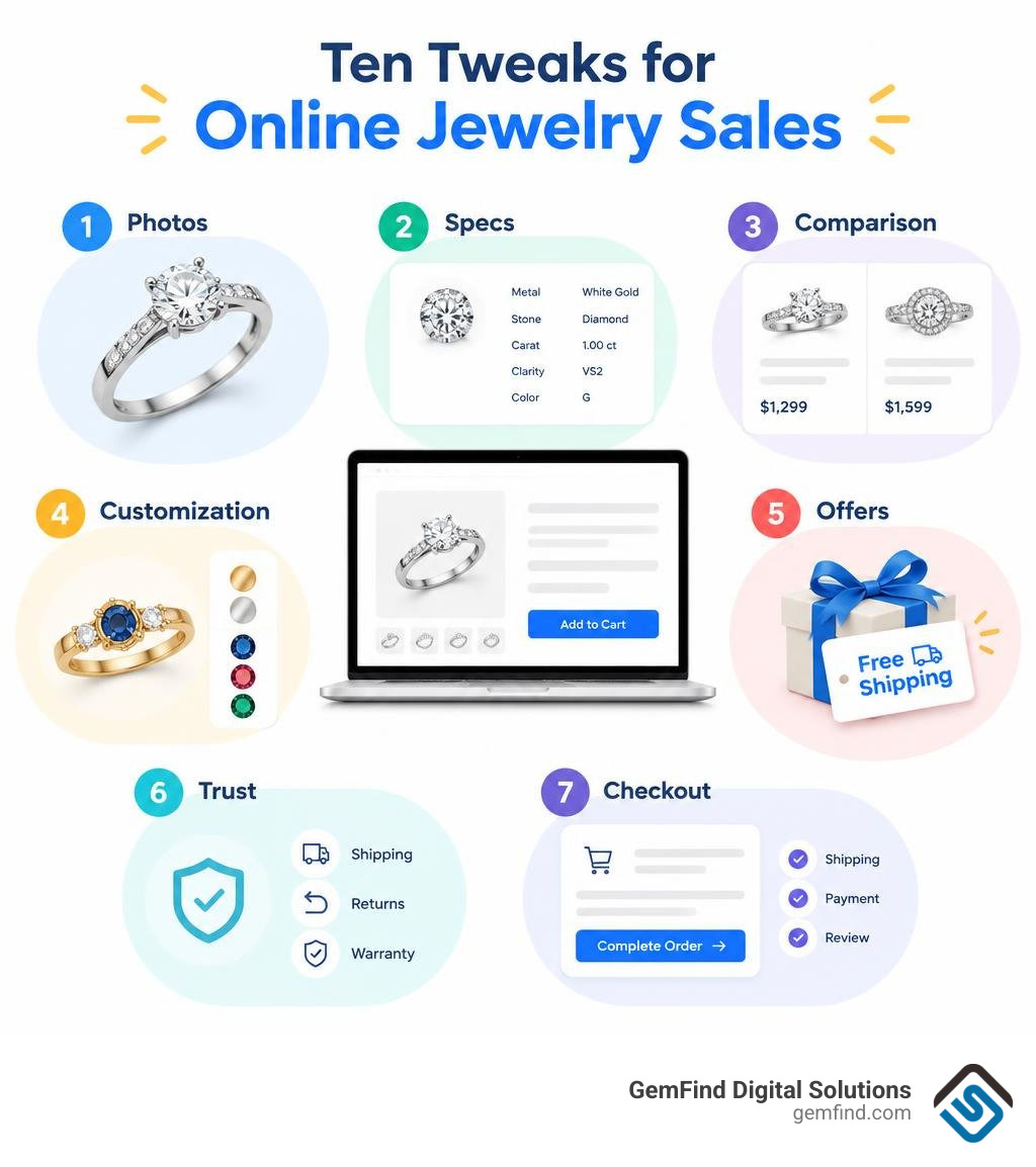 Ten tweaks for online jewelry sales: photos, specs, comparison, customization, offers, trust, checkout infographic