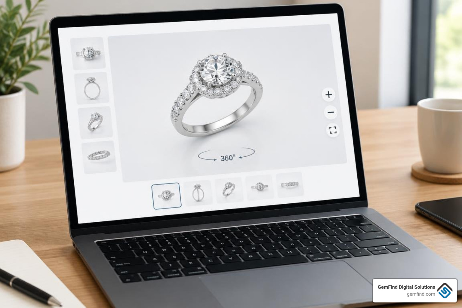 high resolution interactive jewelry product page with 360 degree zoom