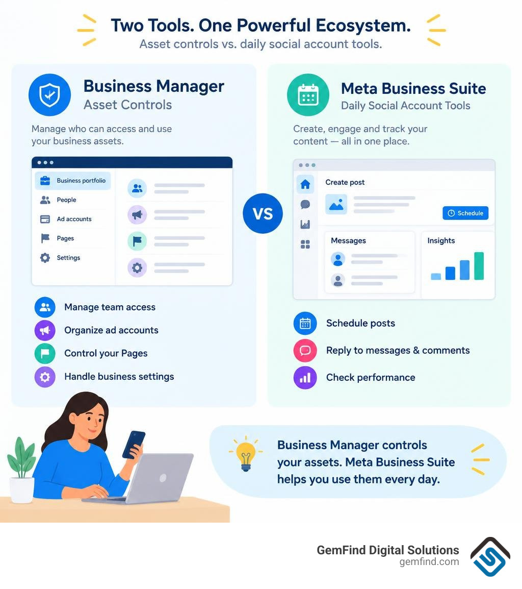 Comparison of Business Manager asset controls and Meta Business Suite daily social account tools infographic