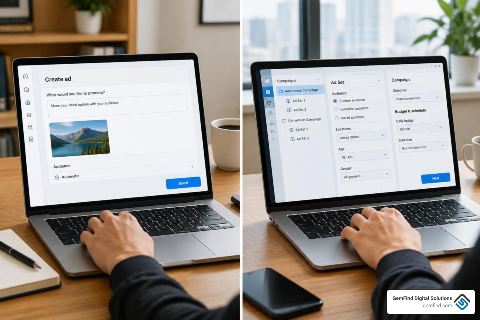 Comparison between simplified ad creation in Meta Business Suite and advanced multi-ad-set configurations in Ads Manager