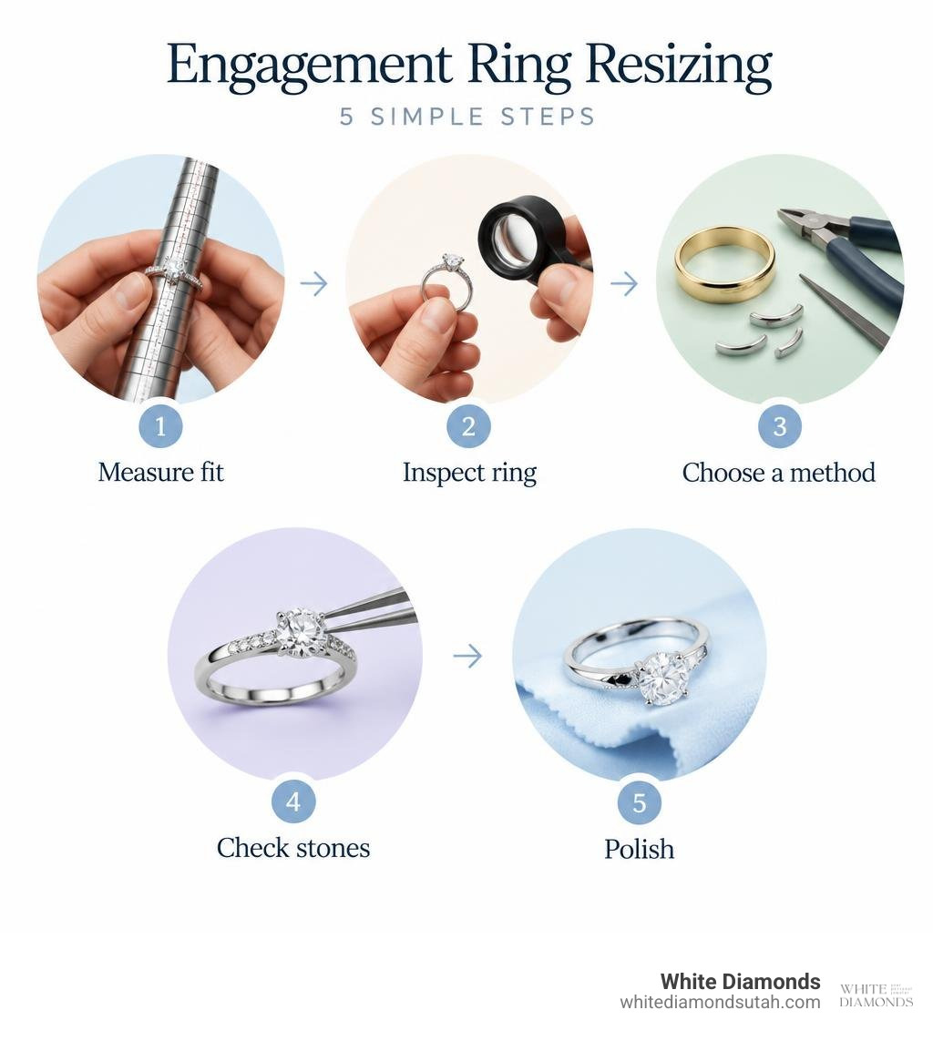 Engagement ring resizing steps: measure fit, inspect ring, choose a method, check stones and polish infographic Engagement ring resizing steps: measure fit, inspect ring, choose a method, check stones and polish infographic