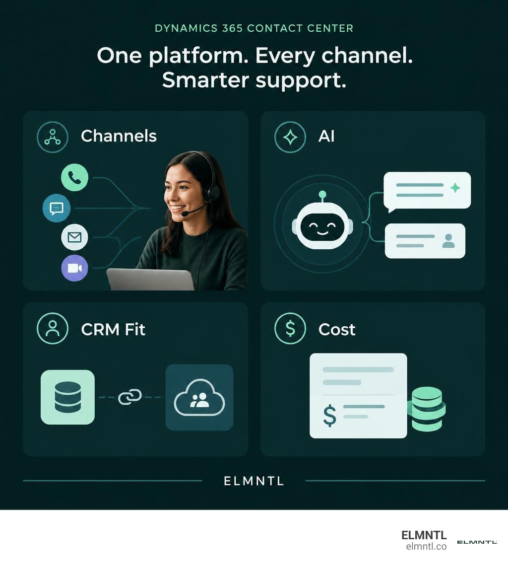 infographic comparing Dynamics 365 Contact Center on channels, AI, CRM fit, and cost infographic