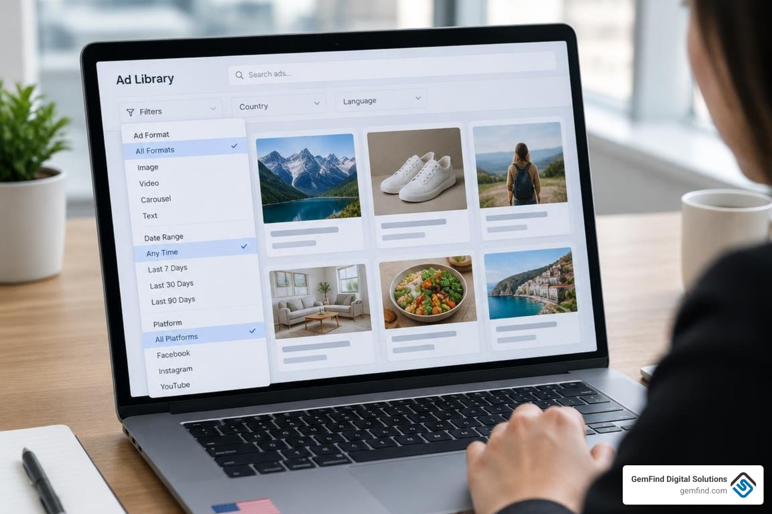 search filter dropdown options inside ad repository interface