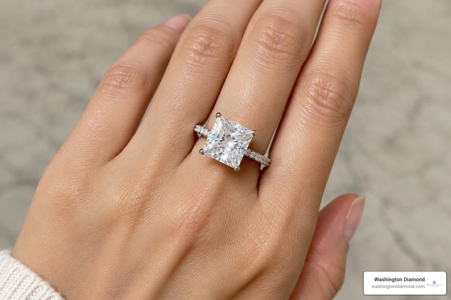 3 carat princess cut diamond ring on hand showing bold finger coverage and brilliance