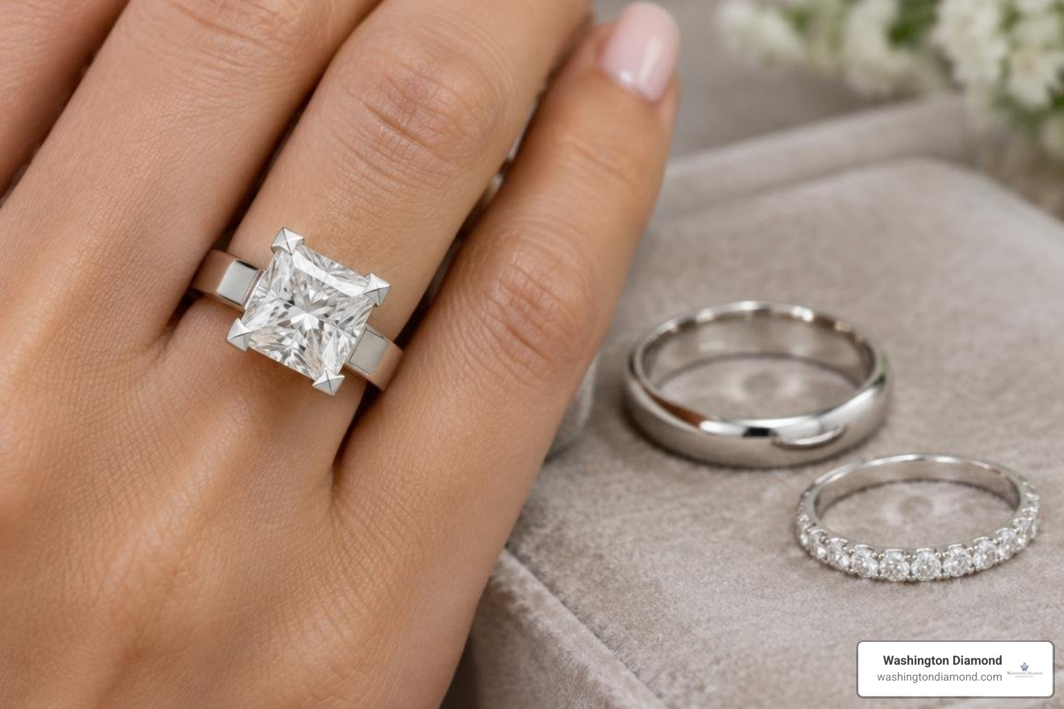 Setting styles and band pairings for large princess cut engagement rings