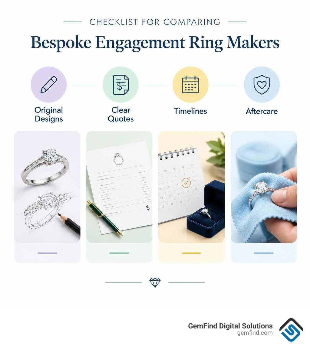 Checklist for comparing bespoke engagement ring makers: original designs, clear quotes, timelines, and aftercare infographic Checklist for comparing bespoke engagement ring makers: original designs, clear quotes, timelines, and aftercare infographic