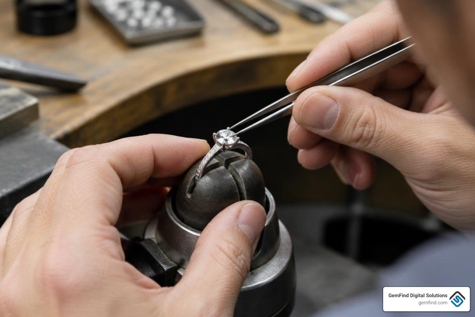 jeweler hand-setting a diamond in an engagement ring jeweler hand-setting a diamond in an engagement ring