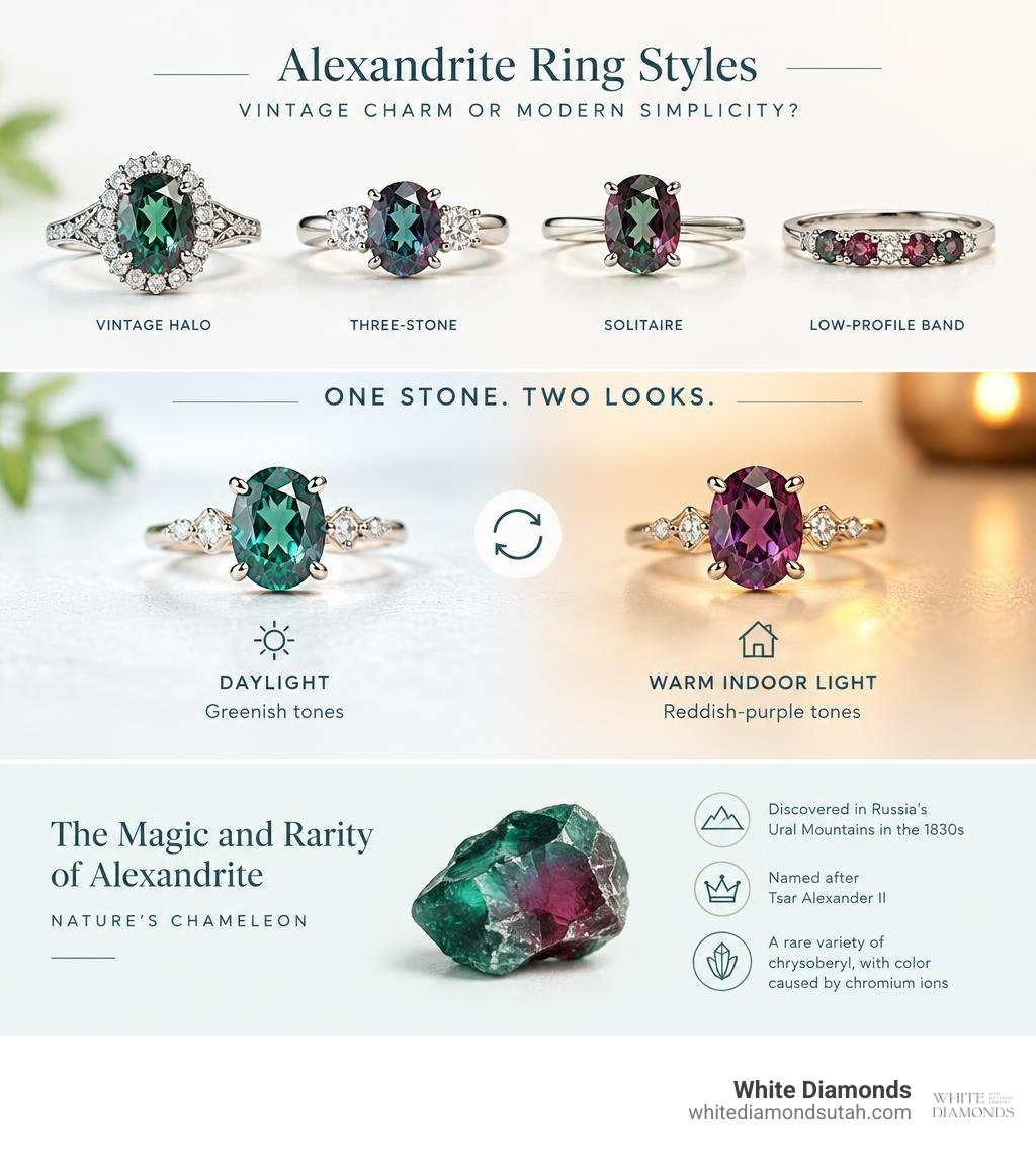 Alexandrite ring styles and how the stone changes color in daylight and warm indoor light infographic Alexandrite ring styles and how the stone changes color in daylight and warm indoor light infographic