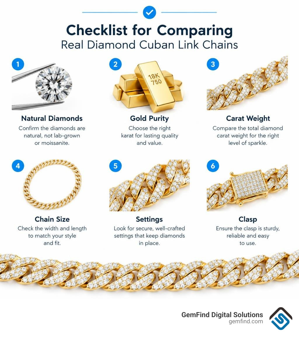 Checklist for comparing natural diamonds, gold purity, carat weight, chain size, settings, and clasp infographic