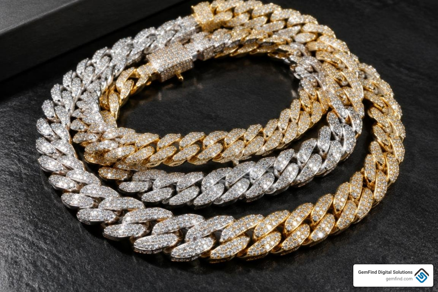 stacked diamond Cuban link chains in yellow and white gold