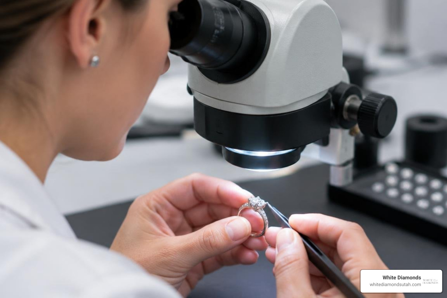Micro-prong diamond settings inspected under magnification after adjustment Micro-prong diamond settings inspected under magnification after adjustment