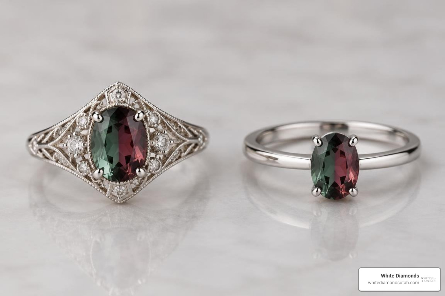 Art Deco vintage alexandrite ring alongside a sleek contemporary band Art Deco vintage alexandrite ring alongside a sleek contemporary band