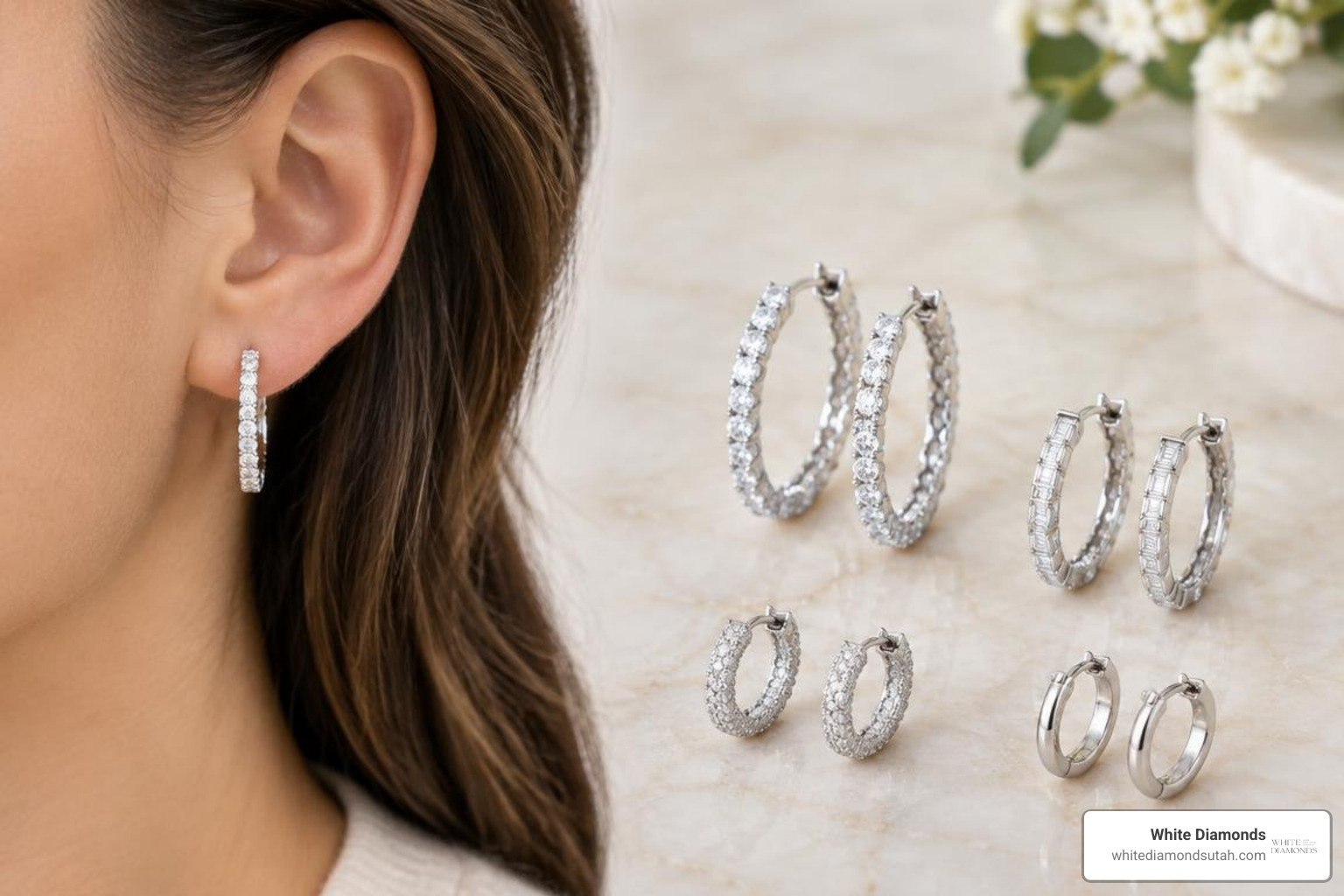 Various hoop earring diameters and setting profiles shown on ear Various hoop earring diameters and setting profiles shown on ear