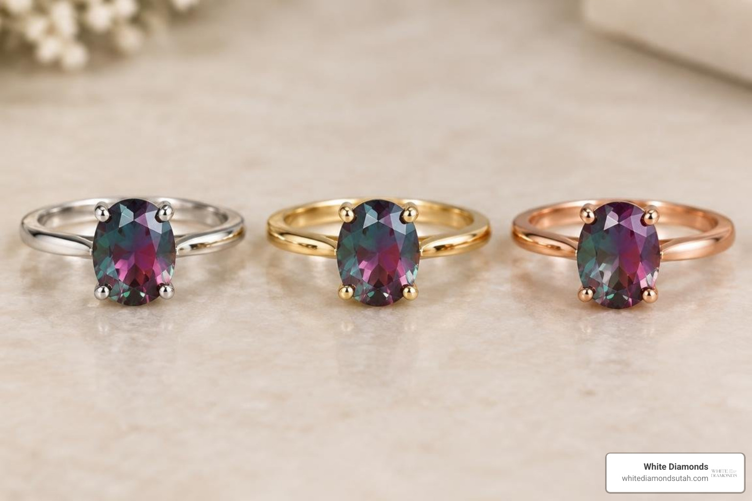 alexandrite set across white gold, yellow gold, and rose gold bands alexandrite set across white gold, yellow gold, and rose gold bands