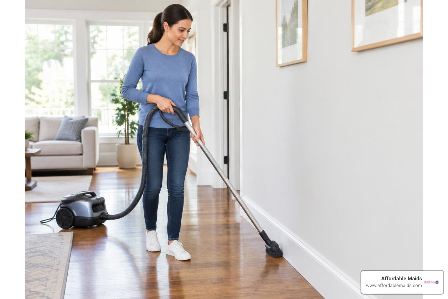 Cleaning baseboard trim standing upright with a vacuum extension wand Cleaning baseboard trim standing upright with a vacuum extension wand