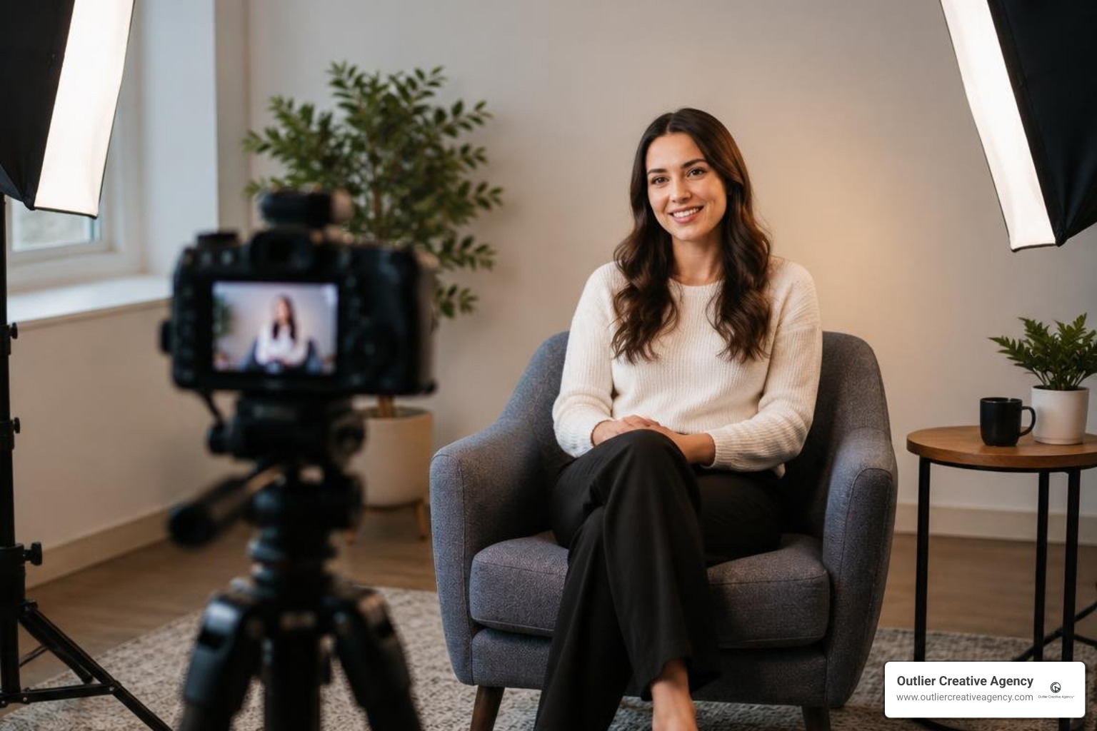 Interview setup with soft key lighting and a remote camera recording tool