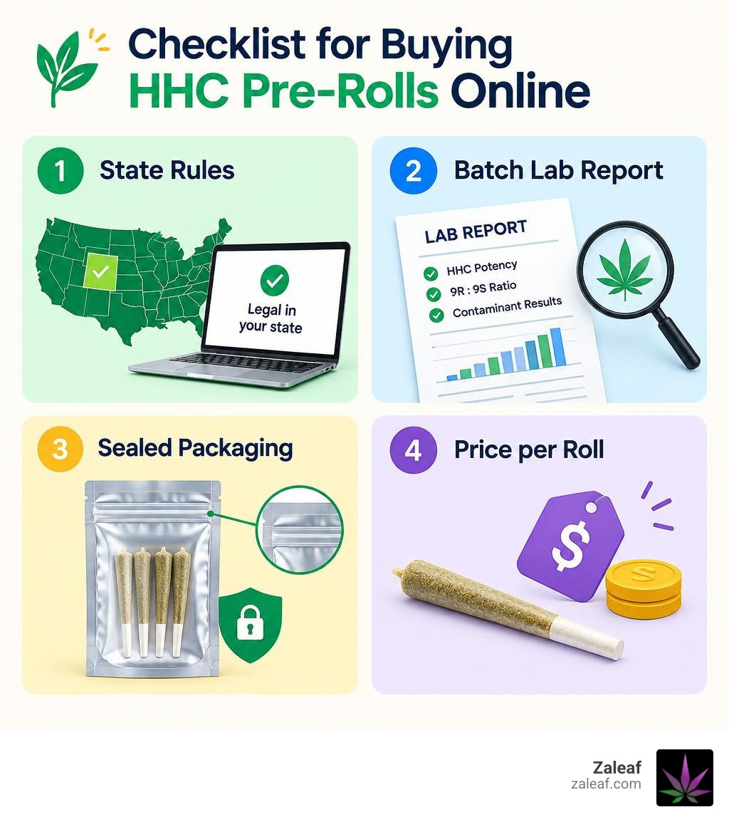 Checklist for buying HHC pre-rolls online: state rules, batch lab report, sealed packaging, and price per roll infographic Checklist for buying HHC pre-rolls online: state rules, batch lab report, sealed packaging, and price per roll infographic