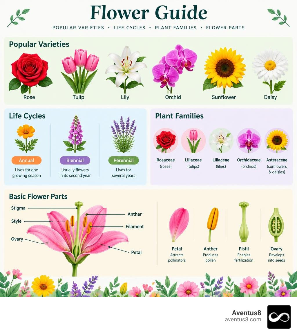 flower guide showing popular varieties, life cycles, plant families, and basic flower parts infographic