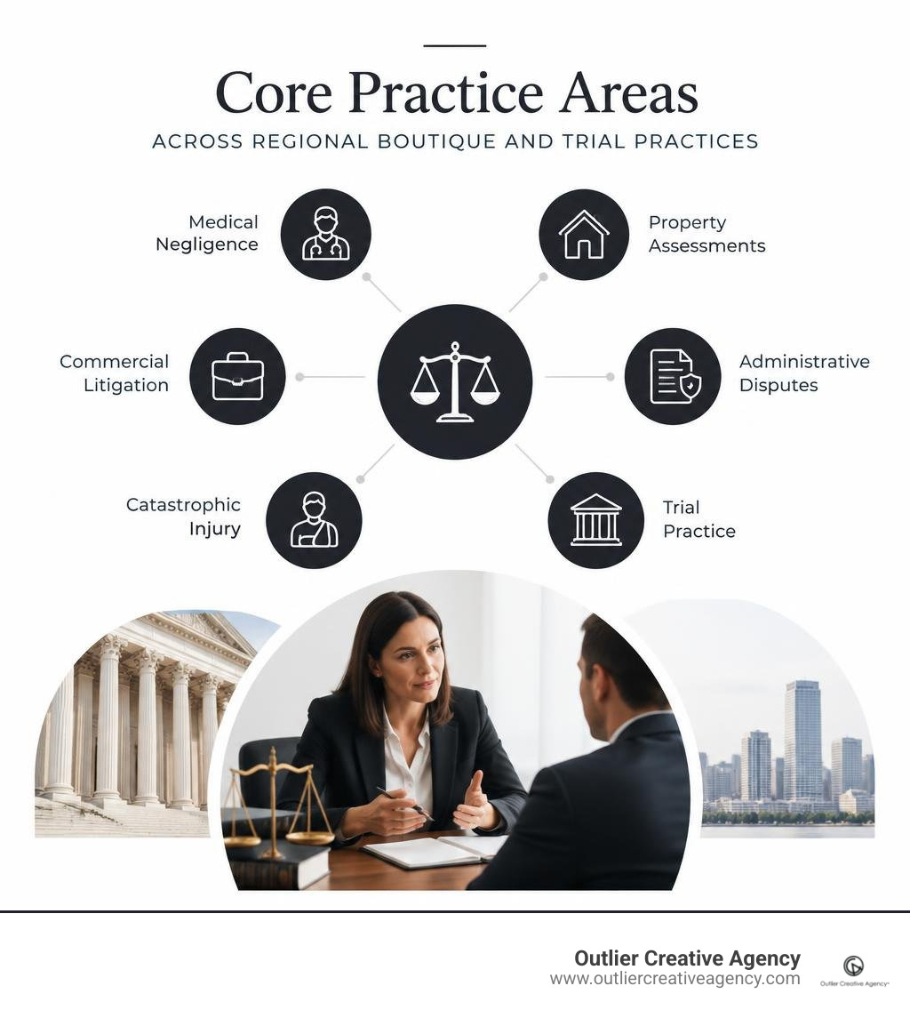 Core practice areas across regional boutique and trial practices infographic