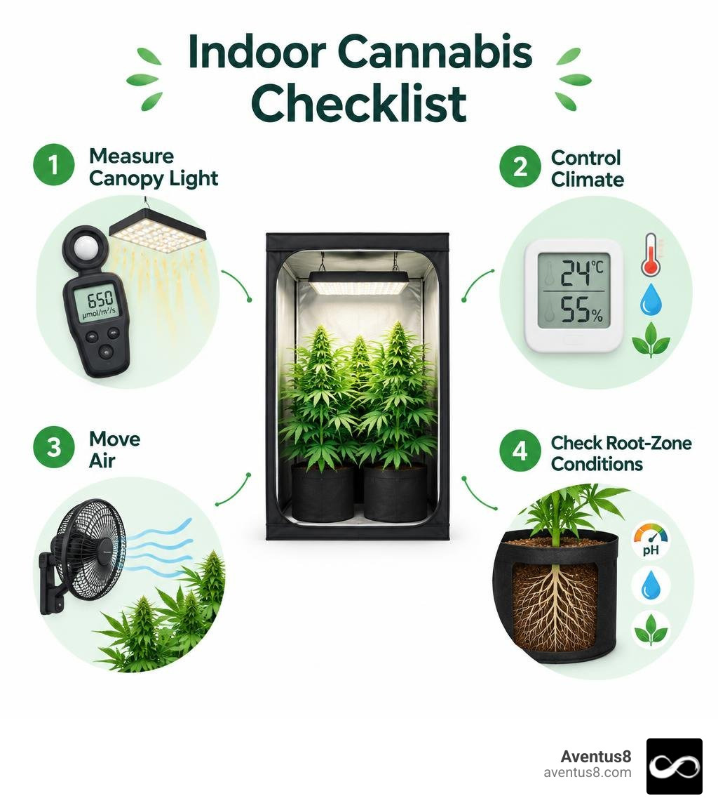 Indoor cannabis checklist: measure canopy light, control climate, move air, and check root-zone conditions infographic Indoor cannabis checklist: measure canopy light, control climate, move air, and check root-zone conditions infographic