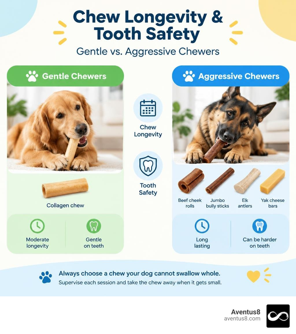 Comparison of chew longevity and tooth safety for gentle and aggressive chewers infographic Comparison of chew longevity and tooth safety for gentle and aggressive chewers infographic