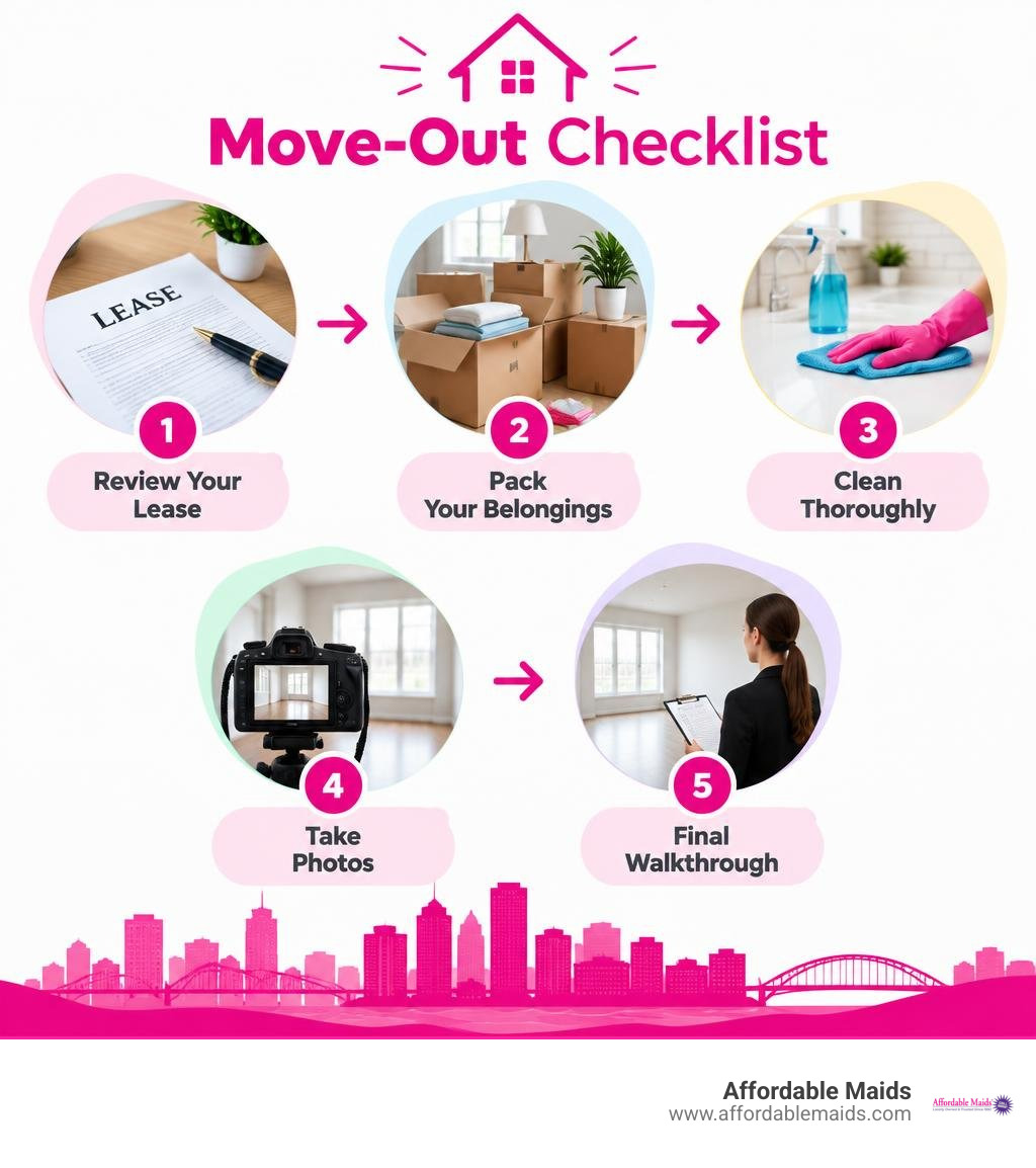 Move-out checklist showing lease review, packing, cleaning, photos, and final walkthrough infographic Move-out checklist showing lease review, packing, cleaning, photos, and final walkthrough infographic