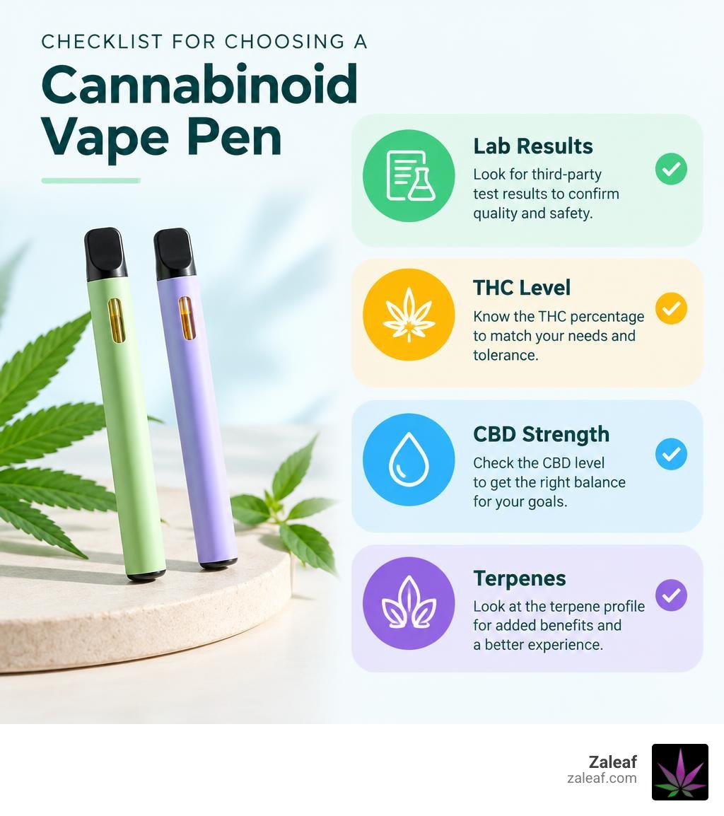 Checklist for choosing a cannabinoid vape pen: lab results, THC level, CBD strength, and terpenes infographic