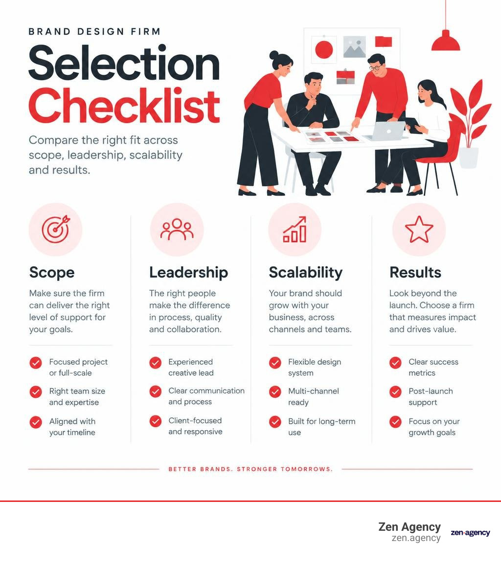 Brand design firm selection checklist comparing scope, leadership, scalability, and results infographic Brand design firm selection checklist comparing scope, leadership, scalability, and results infographic