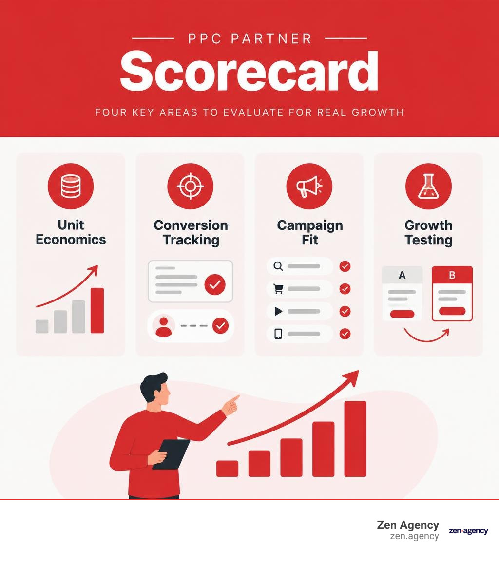 PPC partner scorecard comparing unit economics, conversion tracking, campaign fit, and growth testing infographic PPC partner scorecard comparing unit economics, conversion tracking, campaign fit, and growth testing infographic