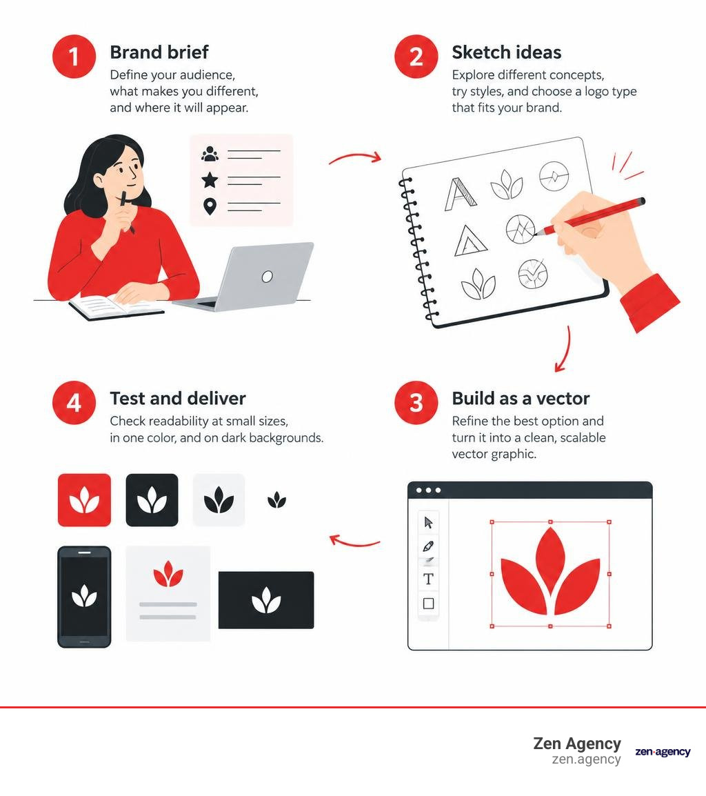 Steps from brand brief and sketches to logo testing and final vector files infographic Steps from brand brief and sketches to logo testing and final vector files infographic