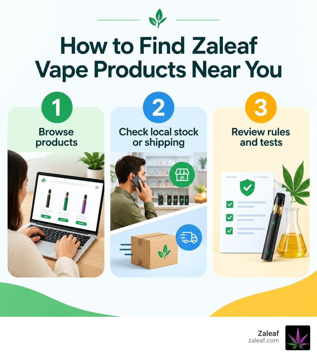Steps to find Zaleaf vapes: browse products, check local stock or shipping, review rules and tests infographic